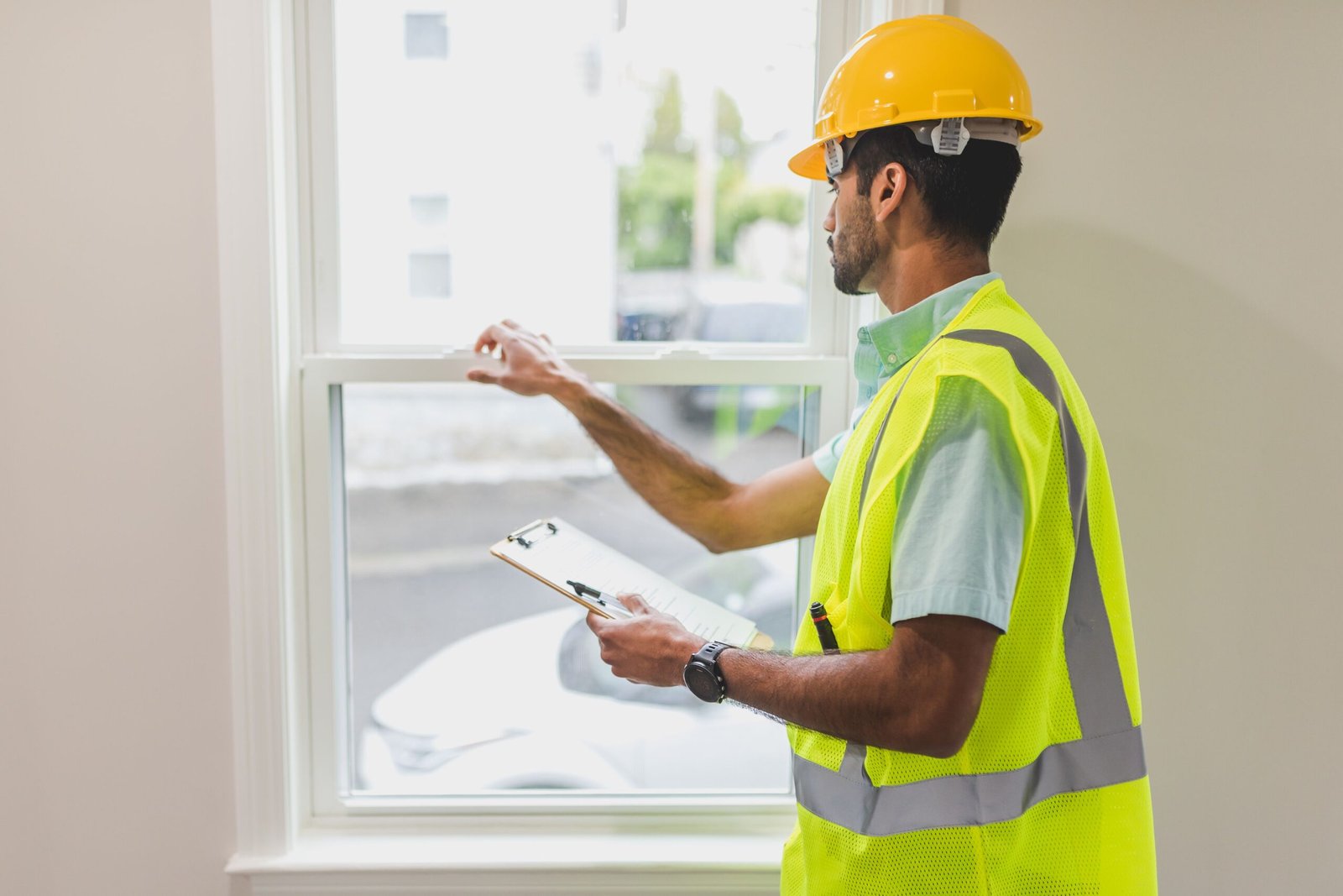A construction worker in a safety vest and hard hat inspects a window indoors, holding a clipboard.